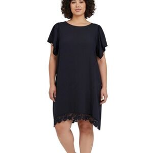 Bellambia Navy Blue Pure Linen Crochet Lace Hem Shift Dress Italy 2X Lagenlook